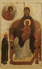 Икона. Богоматерь с Младенцем на престоле, с предстоящим преподобным Сергием Радонежским. (Махрищская),15 век