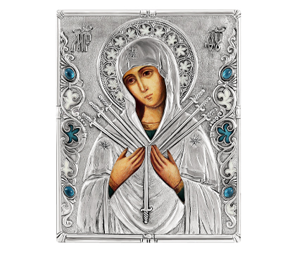 Икона Божией Матери "Семистрельная" (Умягчение злых сердец) - посеребренный оклад