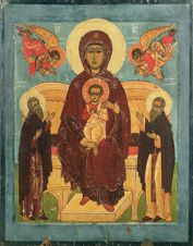 Икона Божией Матери с Младенцем на престоле. 16 век (с предстоящими Зосимой и Савватием Соловецкими)