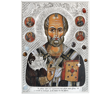 Икона Св. Николай Чудотворец с подвесом "Спасение корабельщиков" в окладе с серебрением и камнями