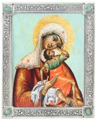 Икона Божией Матери "Взыграние Младенца", посеребрённая рама с камнями