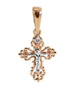 Крестик нательный, комбинированное золото 585 пробы, 1 бриллиант