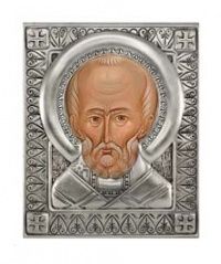 Икона Святой Николай Чудотворец, посеребрённый оклад 