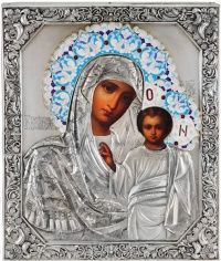 Икона Божией Матери "Казанская", посеребрённый оклад с эмалью