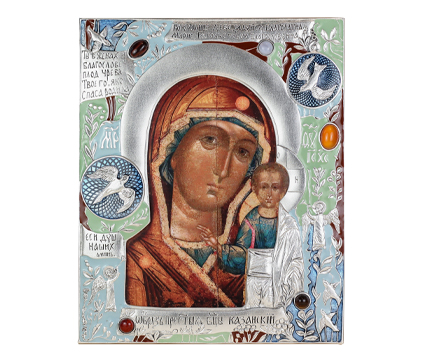 Икона Божией Матери Казанская в окладе с серебрением, эмалью и камнями, 18 век