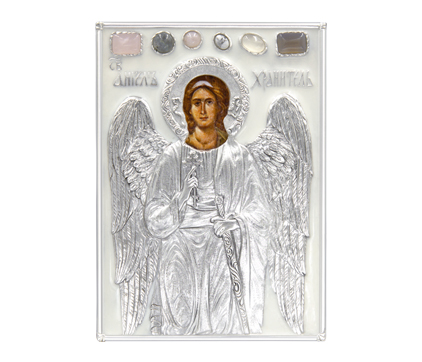 Икона Ангел Хранитель в окладе с серебрением, белой эмалью и камнями