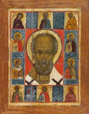 Икона. Святитель Николай Чудотворец с избранными святыми. Конец 15 - начало 16 века