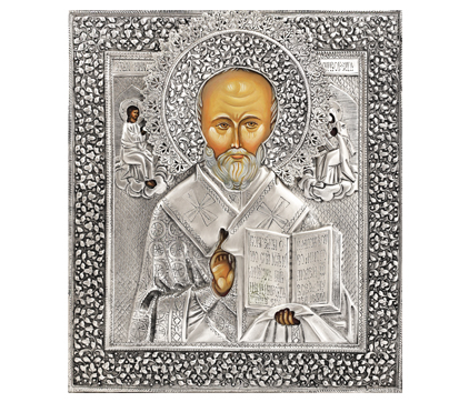Икона святой Николай Чудотворец, посеребрённый оклад
