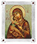 Икона Божией Матери «Владимирская» (венчальная пара), посеребрённая рамка-киот с камнями