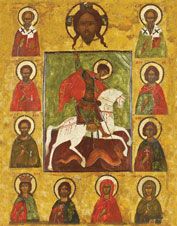 Икона.Чудо святого Георгия о змие с избранными святыми. 15 век (Новгород)