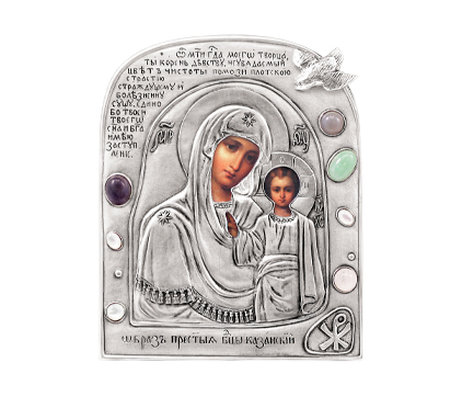 Икона Божией Матери "Казанская" (венчальная пара), в окладе с серебрением и камнями, арочная