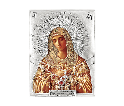 Икона Божией Матери «Умиление» (Серафимо-Дивеевское),  посеребренный оклад с камнями и с цепочкой