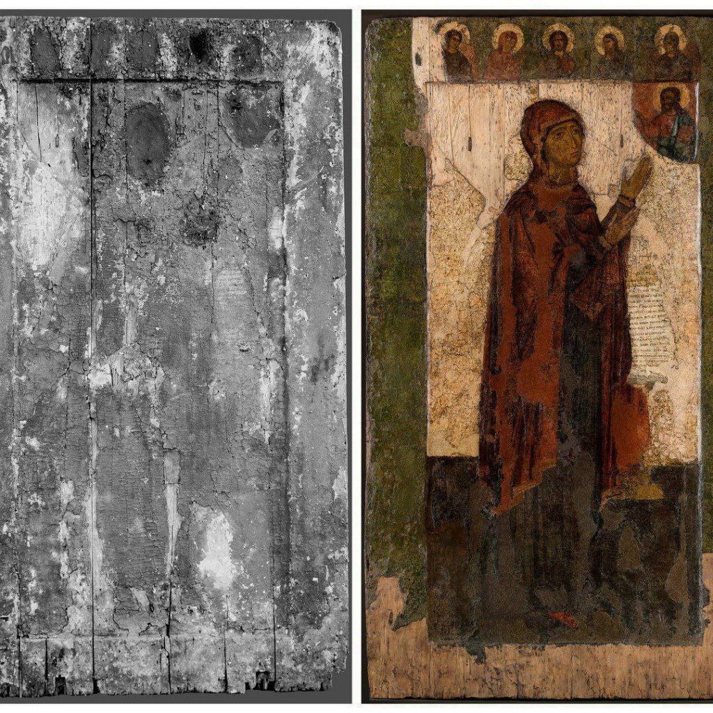 Боголюбская икона Божией Матери до и после реставрации Боголюбская икона Божией Матери до и после реставрации